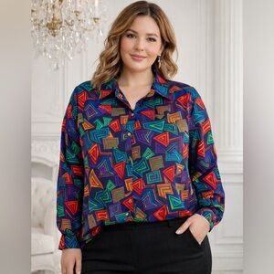 Vintage Silk Vibrant Multicolor Geometric Button Down Shirt